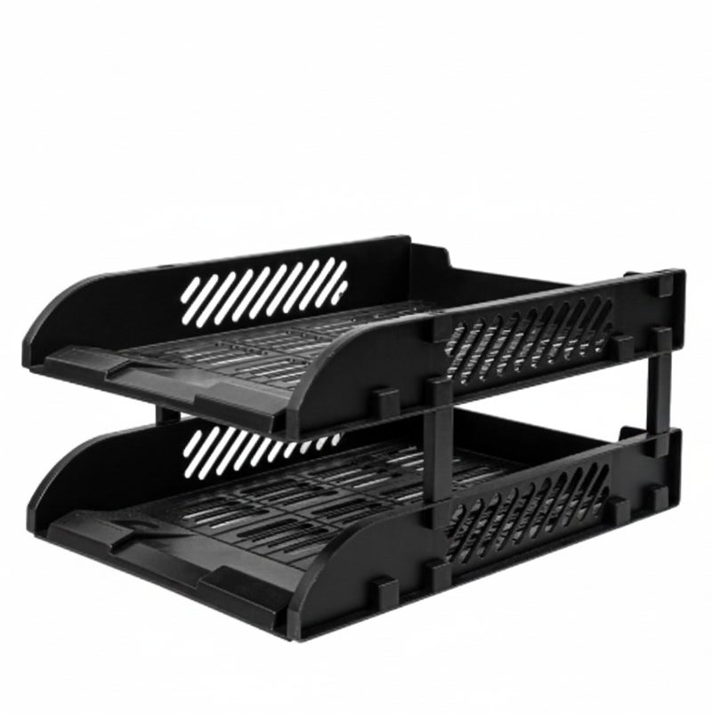 منظم صواني المستندات دلي ذو طبقتين باللون الأسود، قابل للتكديس، لحفظ الملفات والأوراق على المكتب